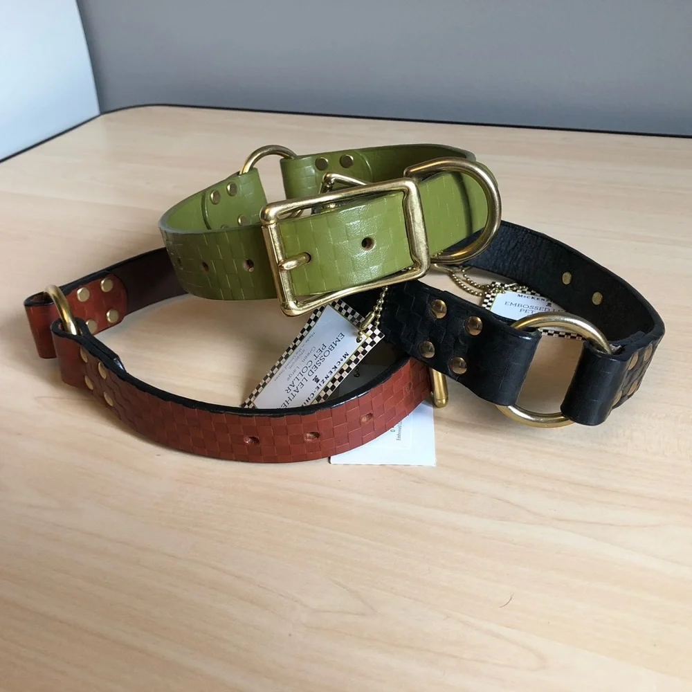 NWT Mackenzie-Childs Embossed Real Bridle Leather Blk Dog Collar (Size:Large)